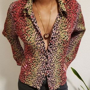 Vintage Floral bell sleeve blouse, PXL, orange, pink, yellow, black